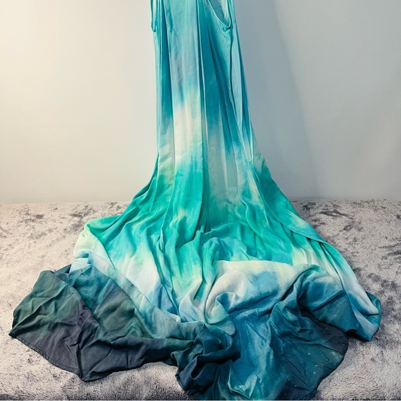 H&M Tie-Dye Ombre Maxi Dress Lace-Up Front Size 8 Blue Green White - Picture 4 of 10